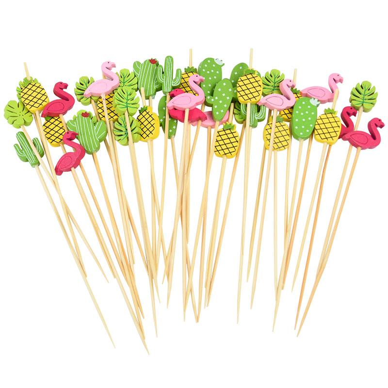 100pcs Hawaii Flamingo Pineapple Disposable Bamboo Food Pick Dessert Fruit Forks for Tropical Beach Birthday Wedding Party Decor