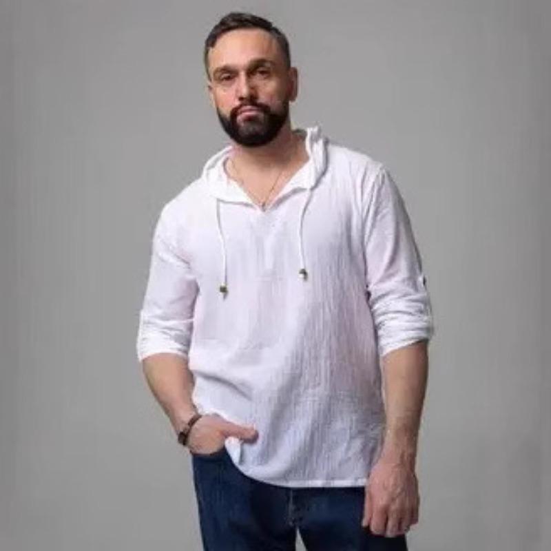Men Solid Cotton Linen Thin Hooded Casual Outdoor Shirt S белый