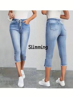 Calças Jeans Femininas Europeias e Americanas Cropped Elásticas com Cintura Elástica e Cordão