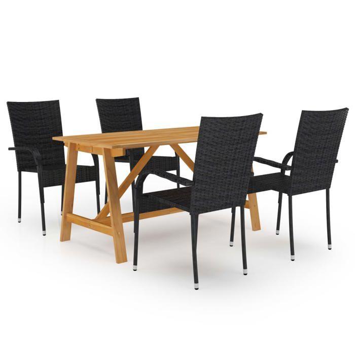 Ensemble jardin - MAISON EXCLUSIVE - 5 pcs - Noir - Table acacia huilée - Chaises empilables