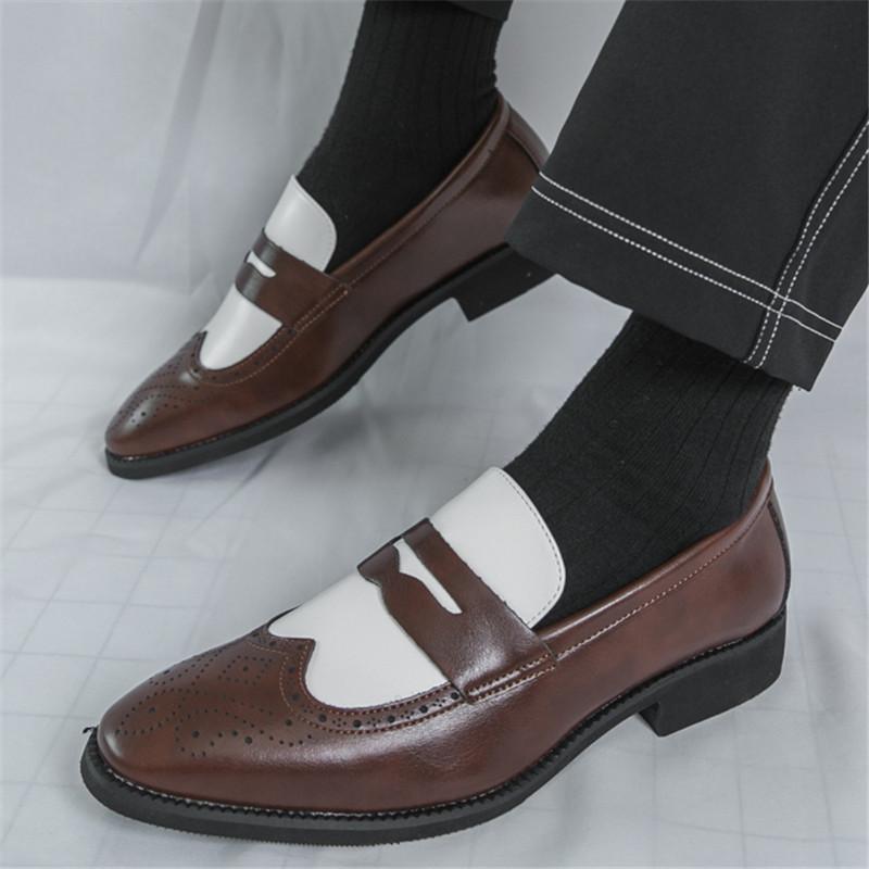 New Black White Brown Mixed Penny Loafers Men Pointed Slip On Casual Shoes Wedding Dress Homecoming Footwear Zapatos Hombre