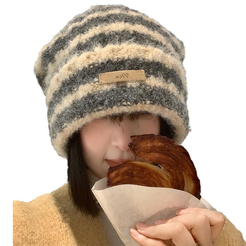 Color-blocked Striped Woolen Hat for Women, Autumn and Winter, Japanese Style, Loose, Warm, Ear-protecting, Slouchy Knit Hat for Large Head