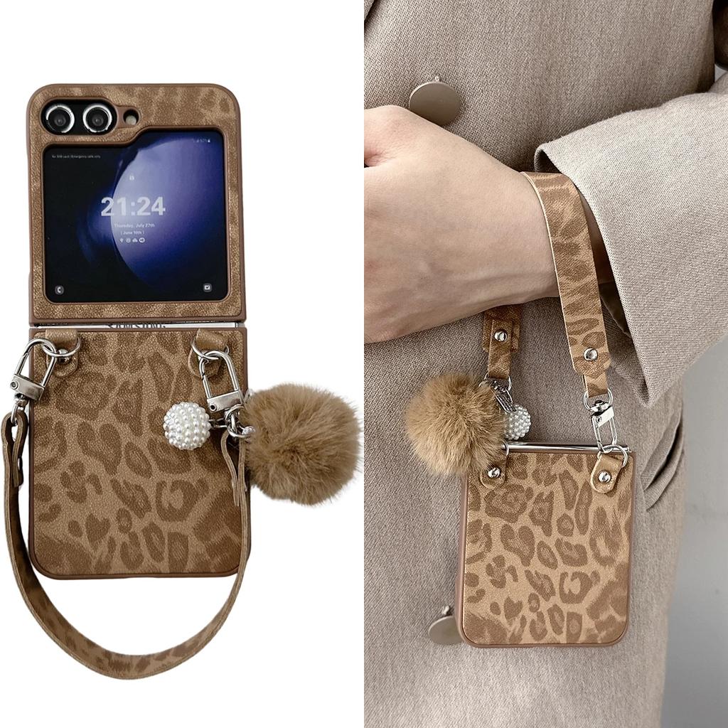 Leopard Print Silver Border Phone Case for Samsung Galaxy Z Flip 7 6 5 4 3 PU Leather Wrist Strap Protective Cover