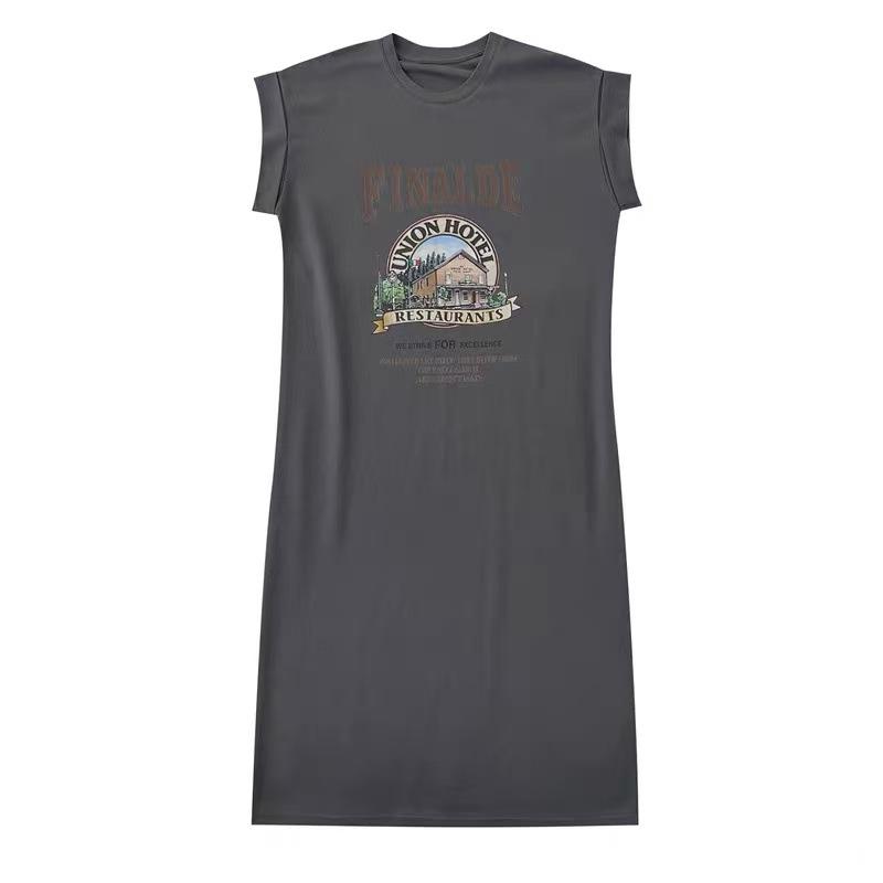 T-shirt à manches courtes Été Lâche Mi-longue Longueur genou Robe fendue pour femme