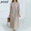 Fashion Autumn Winter Solid Color Print Long Sleeve O-Neck Casual Dresses