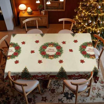Christmas Tablecloth, European Vintage, Santa Reindeer Tree Print Waterproof Tablecloth Party Holiday Decoration