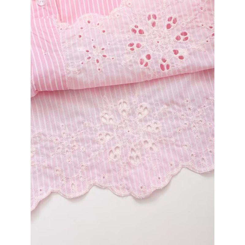 Kaslead New Arrival Women's Fashion Style Fashion Hollowed-out Embroider Stripes Shirt Pink 3564163