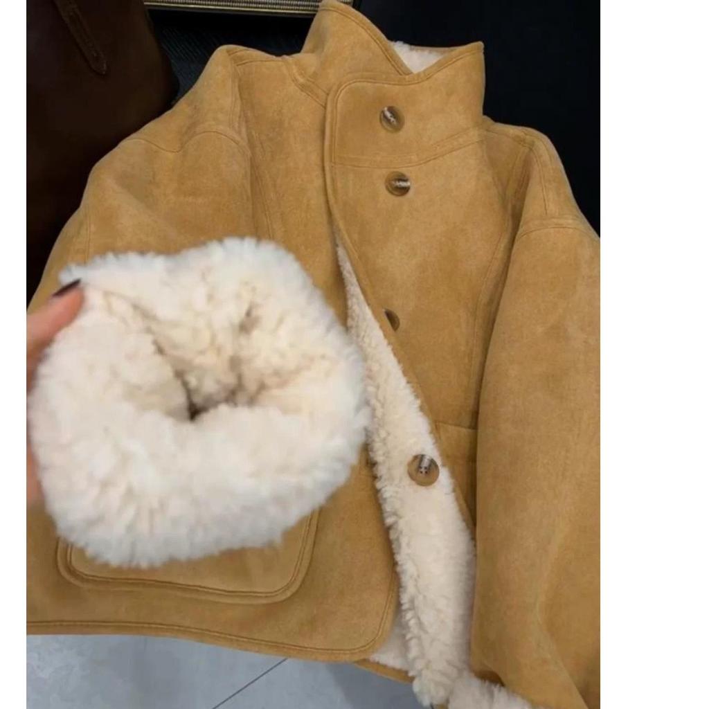 Reversible Suede & Lambswool Fur Hoodie Jacket: Women's Winter Stand Collar