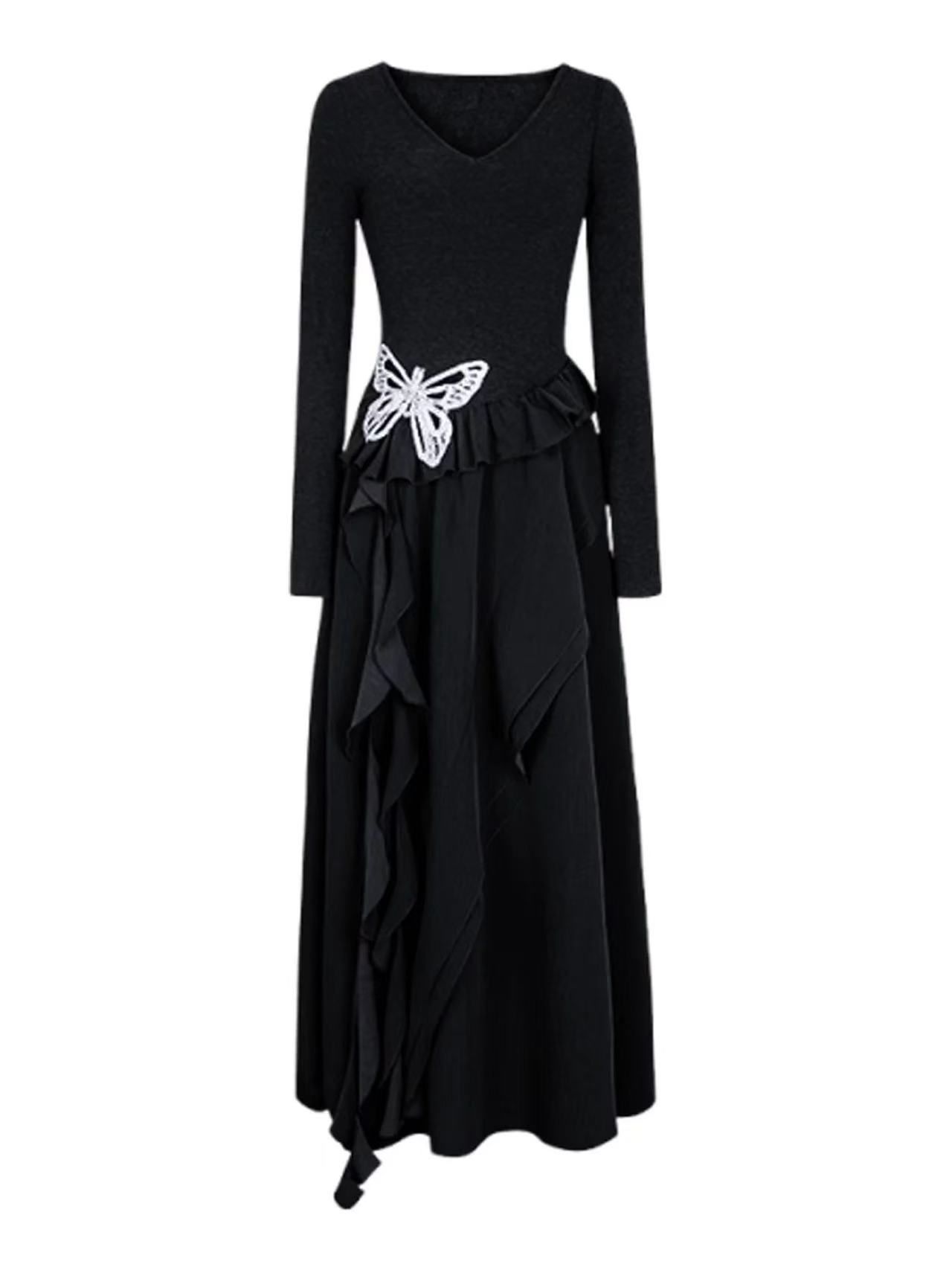 

Autumn new long-sleeved irregular butterfly small black dress long dress early autumn wear elastic waist pinch dress S чёрный