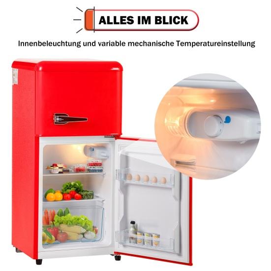 Lodówka 60L Retro 7 Ustawień Temperatury Światło LED Strefa Podwójna Mini Lodówka Domowa Zamrażarka 22L Objętość 102 kWh/Rok -27-13 Stopni Celsjusza