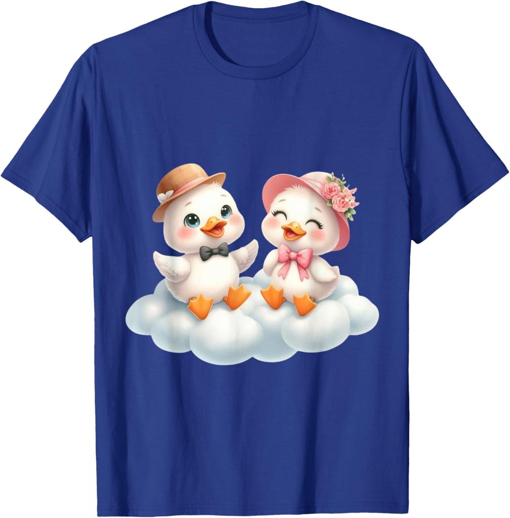 Cute Duck Couple Sitting on Cloud Graphic Print Cotton Casual Daily T-Shirt
