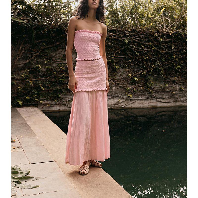 Strapless Straight Collar Knitting Tube Top Tops 4192043 Small Pleated Hem High Waist Knitted Skirt 4192042