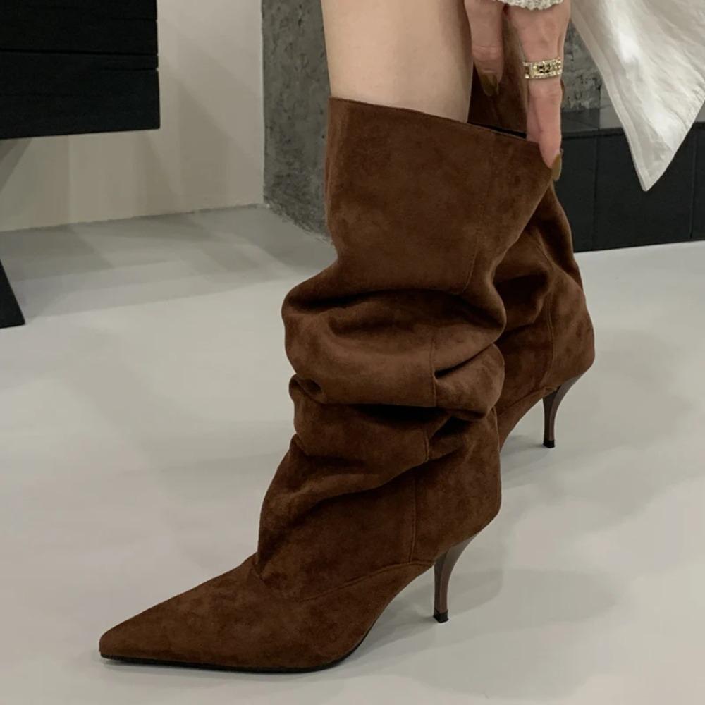Fashion Vintage Thin Heels Women Knee High Boots Fashion Winter Sexy Pointed Toe Stripper Party Shoes Zapatos De Mujes