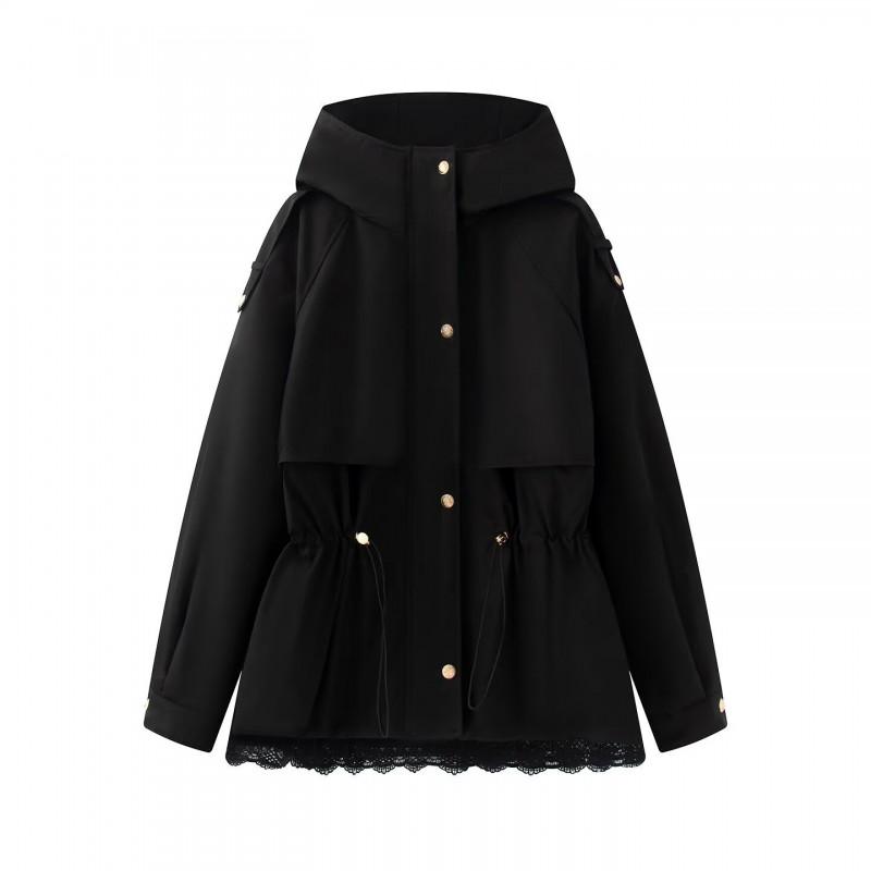 Womens Fall Winter Trench Coat Cotton Padded Jacket Lace Trim Elastic Waist Solid Color