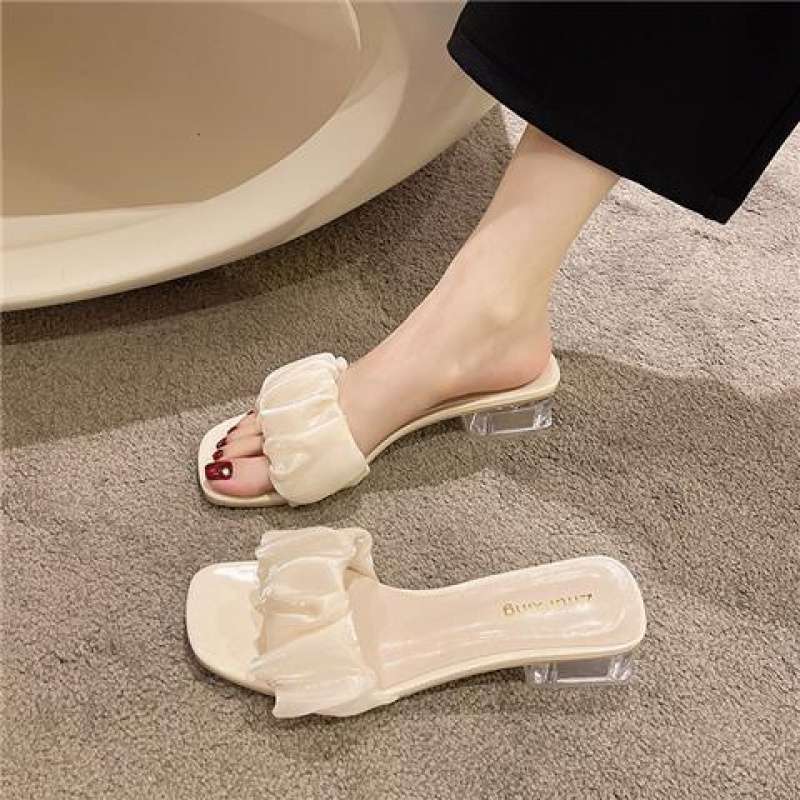 

Белые сетчатые прозрачные хрустальные и крутые тапочки женская уличная обувь 2025 лето новинка универсальные плиссированные сказочные однословные шлепанцы 43 абрикосовый