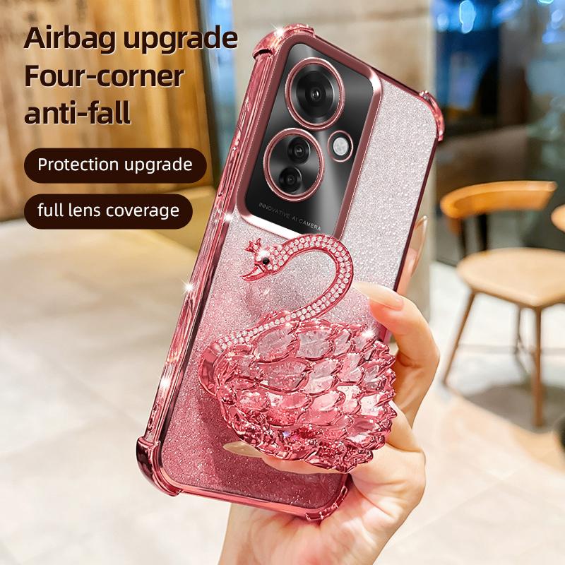 KEYSION Shockproof Plating Phone Case for OPPO Reno11 F 5G Clear TPU Glitter Jewelled Swan Kickstand Back Cover for OPPO Reno11F 5G