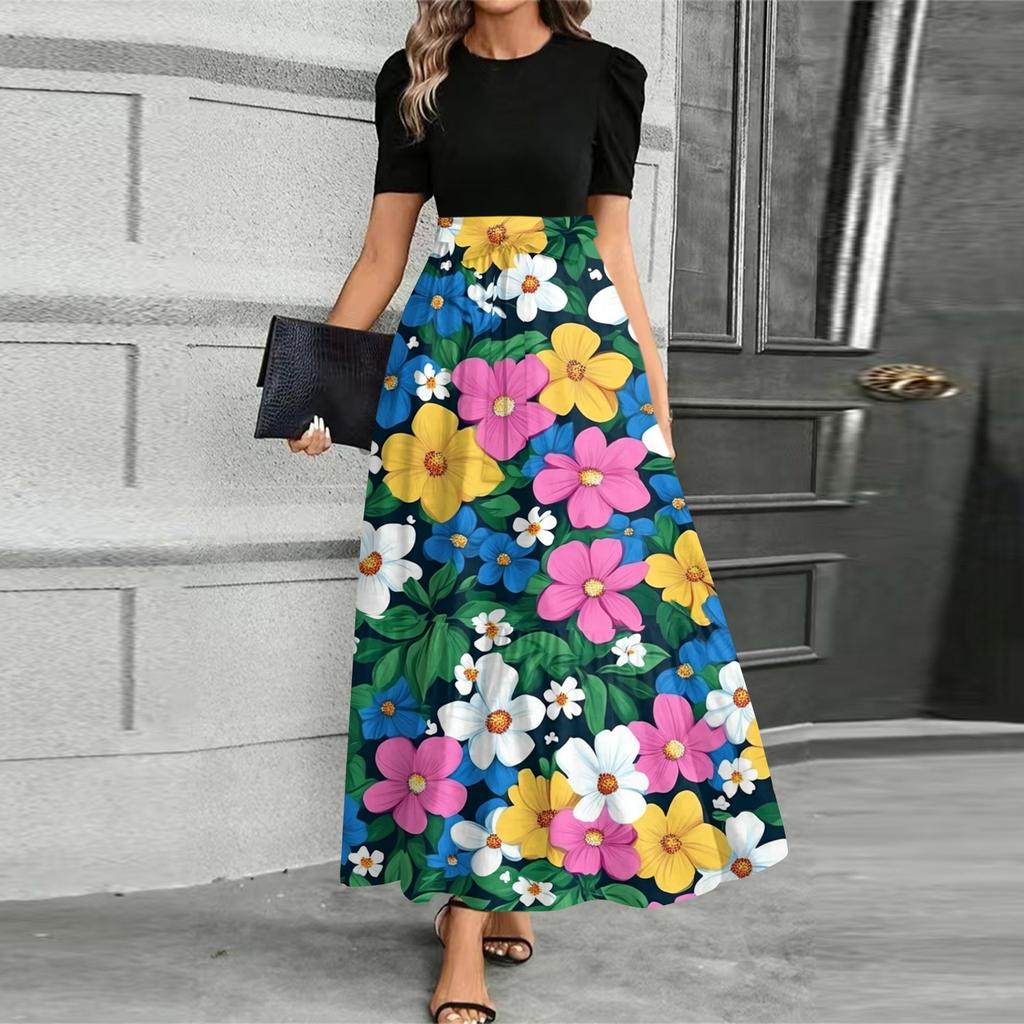 Damen Modisches Lässiges Gürtel Kurzärmeliges Rundhals Print Elegantes Temperament Kleid