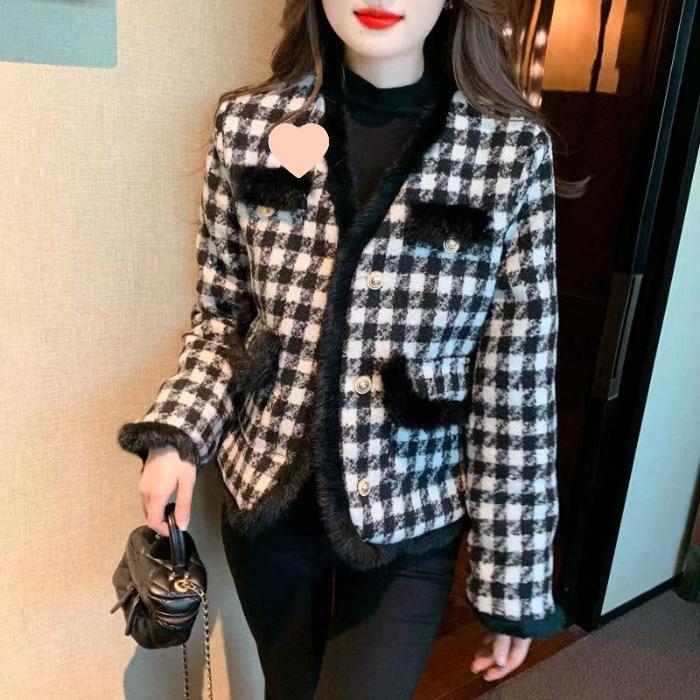 

Женское пальто в стиле французский шик, крупной вязки, с узором гусиная лапка - Теплый, высококачественный осенне-зимний топ с необработанными краями Small