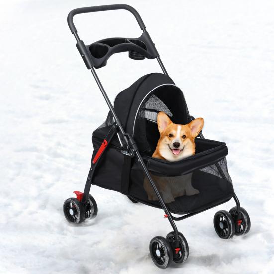 4 Räder Hunde Katzen Kinderwagen Outdoor Reise Haustier Faltkinderwagen Hunde Katzen Käfig Kinderwagen mit Becherhalter Atmungsaktives und Sichtbares Netz für Hund