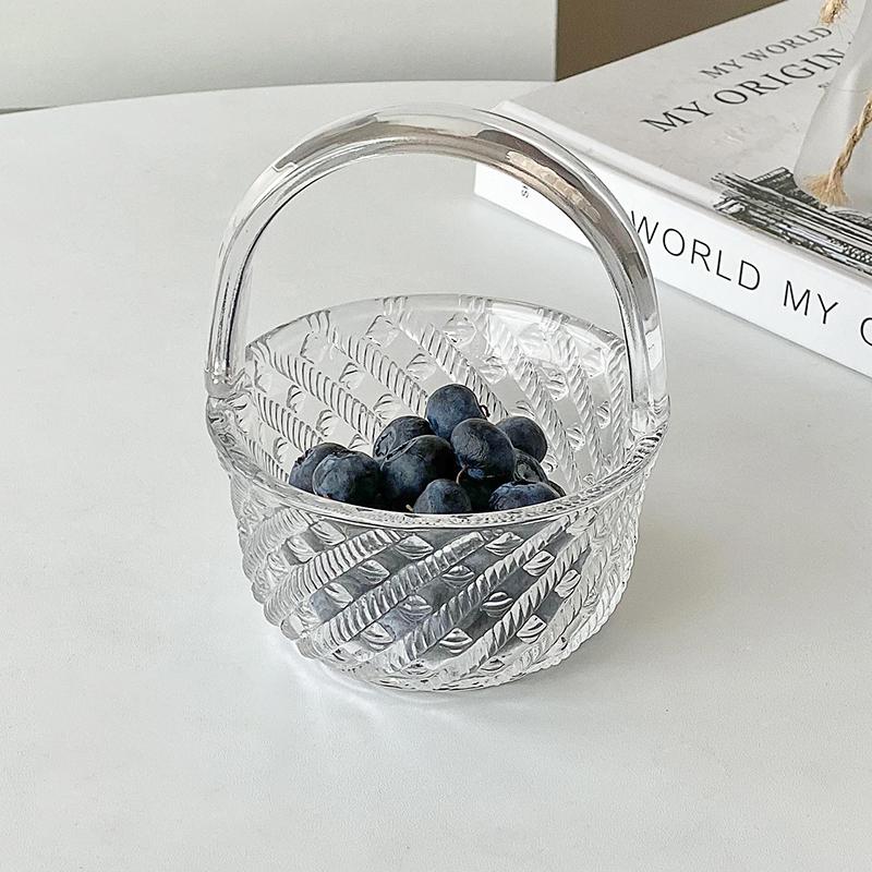 High Beauty Relief Rattan Woven Glass Fruit Basket Living Room Household Portable Dim Sum Tray European Transparent Snack Plate