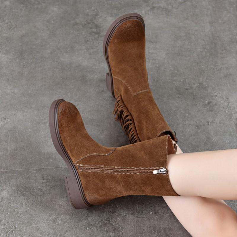 Johnature Retro Tassel Mid Heeled Women's Boots Genuine Leather Round Toe Versatile Mid-calf Boots