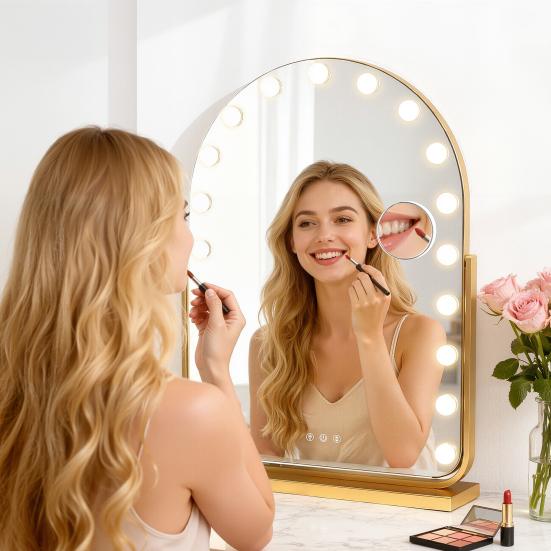 Arch Mirror Vanity with 17 LED Lights, Curved Table Top Makeup Mirror, Anti-Glare Protective Coating Rotatable Base 10x Magnifying Glass, Touch