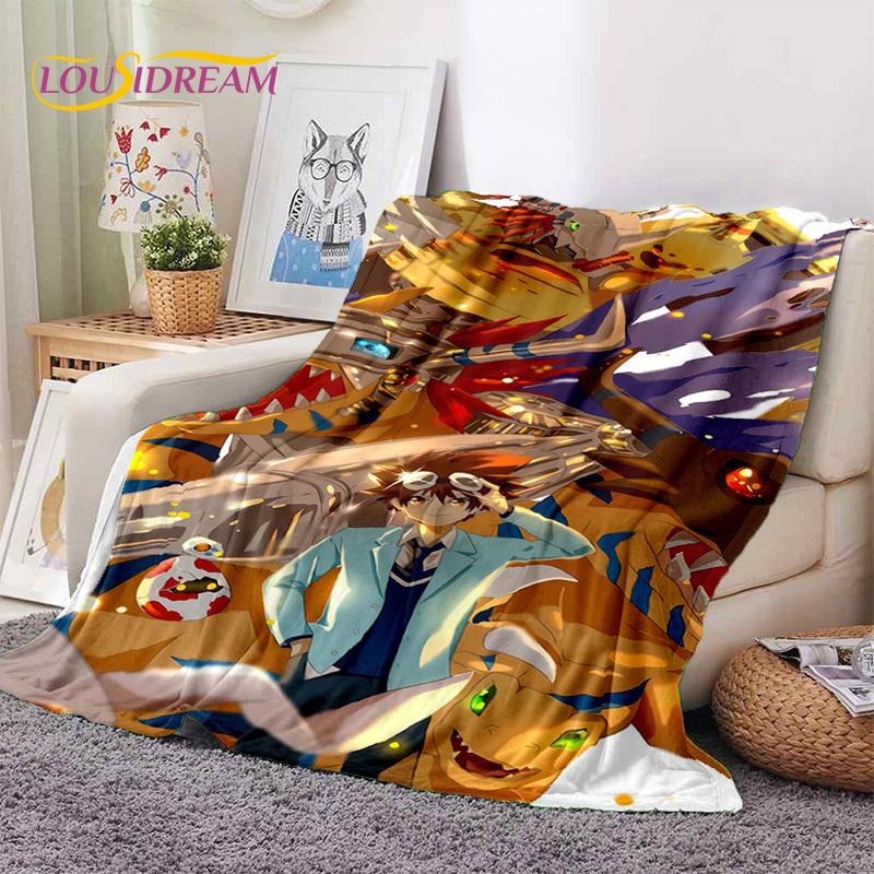 Retro Digimon Adventure Potwór Kreskówka Miękki Koc Flanelowy, Koc do Rzucania Wygodny Koc na Piknik Łóżka Kanapę Domowy Sypialnia