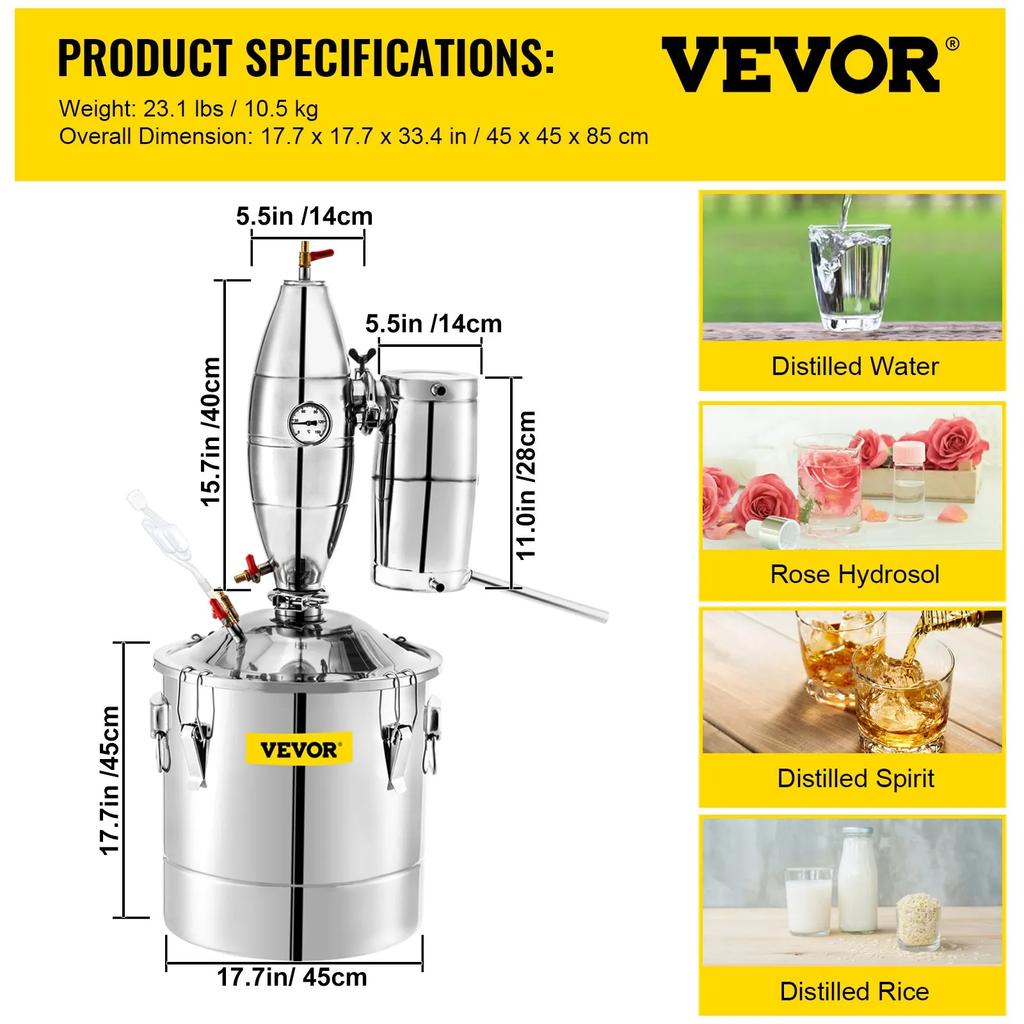VEVOR Alcohol Distiller 70L /18.5 Gal Alcohol Still Whiskey Distillery Kit Home Moonshine Still with Thermometer and Fermentation Tank for Alcohol