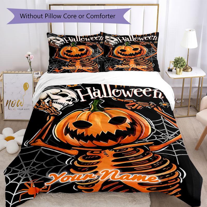 3PC Custom Name Spooky Halloween Skeleton Bedding Set Printed Bedding Set Duvet Cover Closure Includes 1 Duvet Cover & 2 Pillowcases for All Seasons B