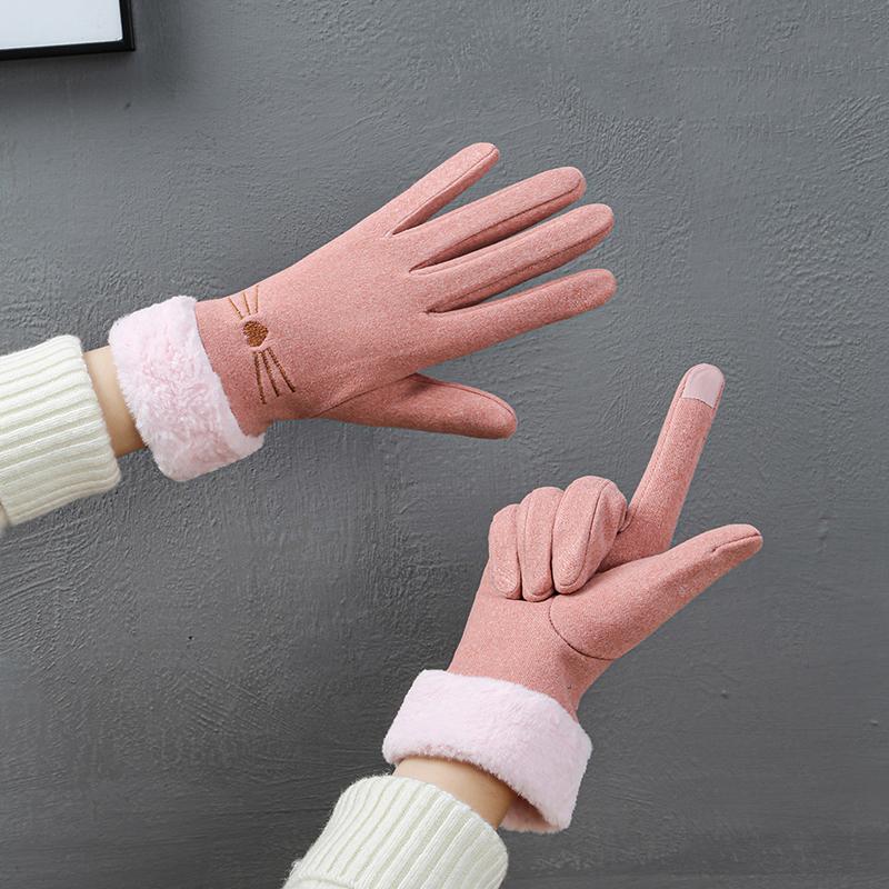 Winter Women'S Warm Gloves Have Windproof With Cute Cat And Cold Resistant Properties Thick Fur Lining And Touch Screen Gloves