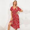 Women Summer Fall Casual Floral Print V-neck Short Sleeve High Waist Slim A-Line Long Dress S-XL
