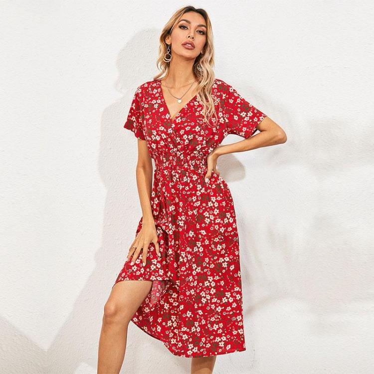 Women Summer Fall Casual Floral Print V-neck Short Sleeve High Waist Slim A-Line Long Dress S-XL