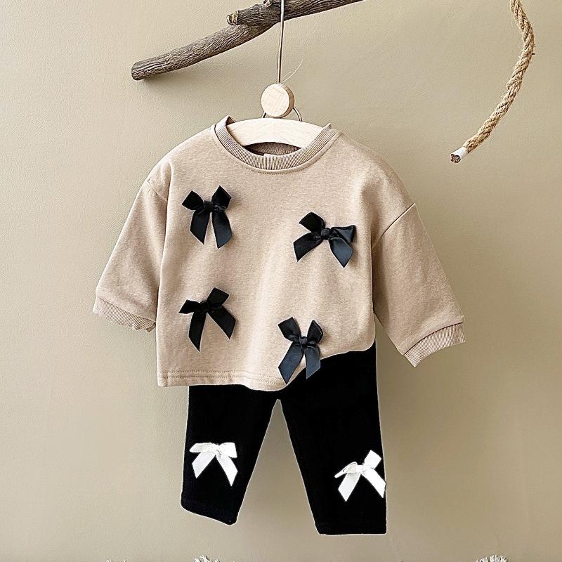 

2 шт./комплект, новая весна-осень, комплект детской одежды с бантом для новорожденных девочек, пуловер с длинными рукавами + детские штаны для детей 2-3Y дубильная кора