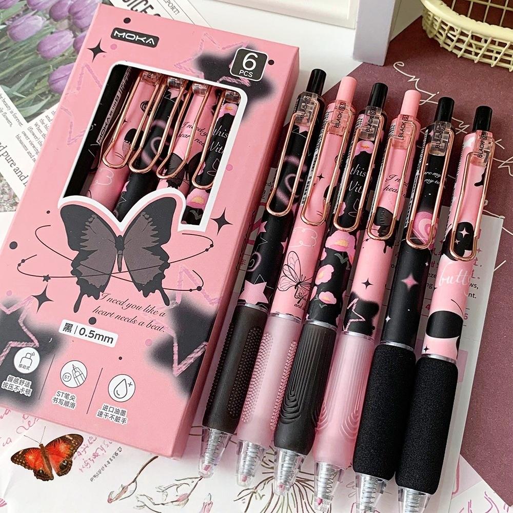

6pcs Butterfly Gel Pen Set 0.5mm Black Ink Flower Rose Sweet Ballpoint Pens for Writing Student School Supplies