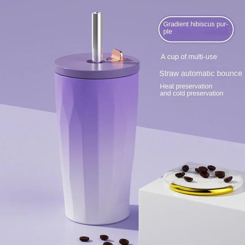 New 600ml Fashion Gradient Coffee Cup Portable Stainless Steel Water Cup with Straw Heat and Cold Insulation Coffee Gift Cup LIY