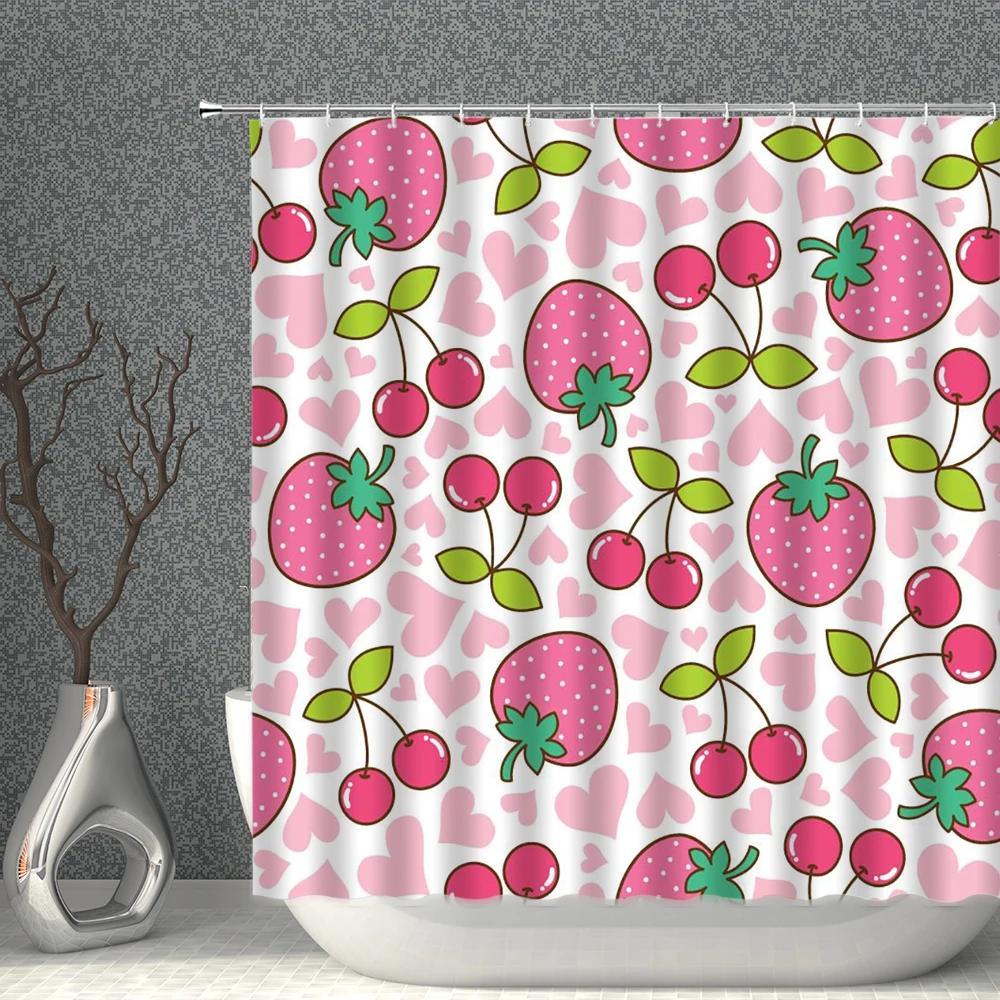 Fruits Shower Curtain Waterproof Fabric Watermelon Apple Strawberry Print Bath Curtains Set Pink Green White Bathroom Screen