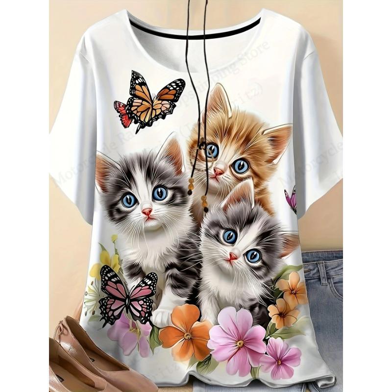 Summer Round Neck 3D Cute Cat Print Top Fashionable Casual Short Sleeved Women's T-shirts