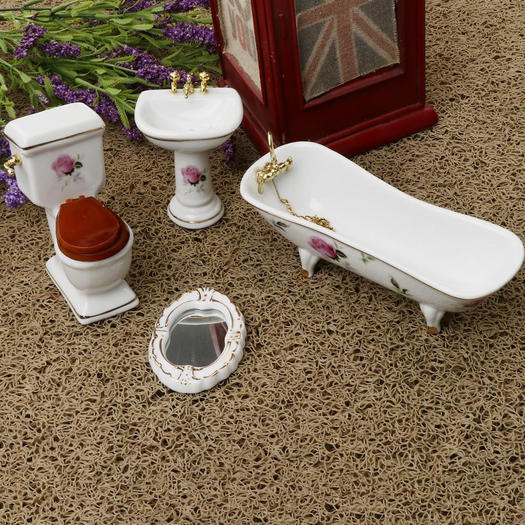 1/12 Casa delle bambole Mini mobili Set da bagno in ceramica Toilette Vasca da bagno Bambole Bambini Gioco di ruolo Giocattoli Regalo Casa delle bambole