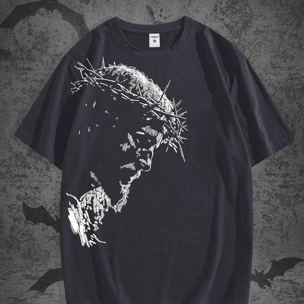 Vintage Jesus Head Print T-Shirt - Distressed Religious Icon Suitable for Church, Study & Casual Wear - Solid Color Round Neck Summer 