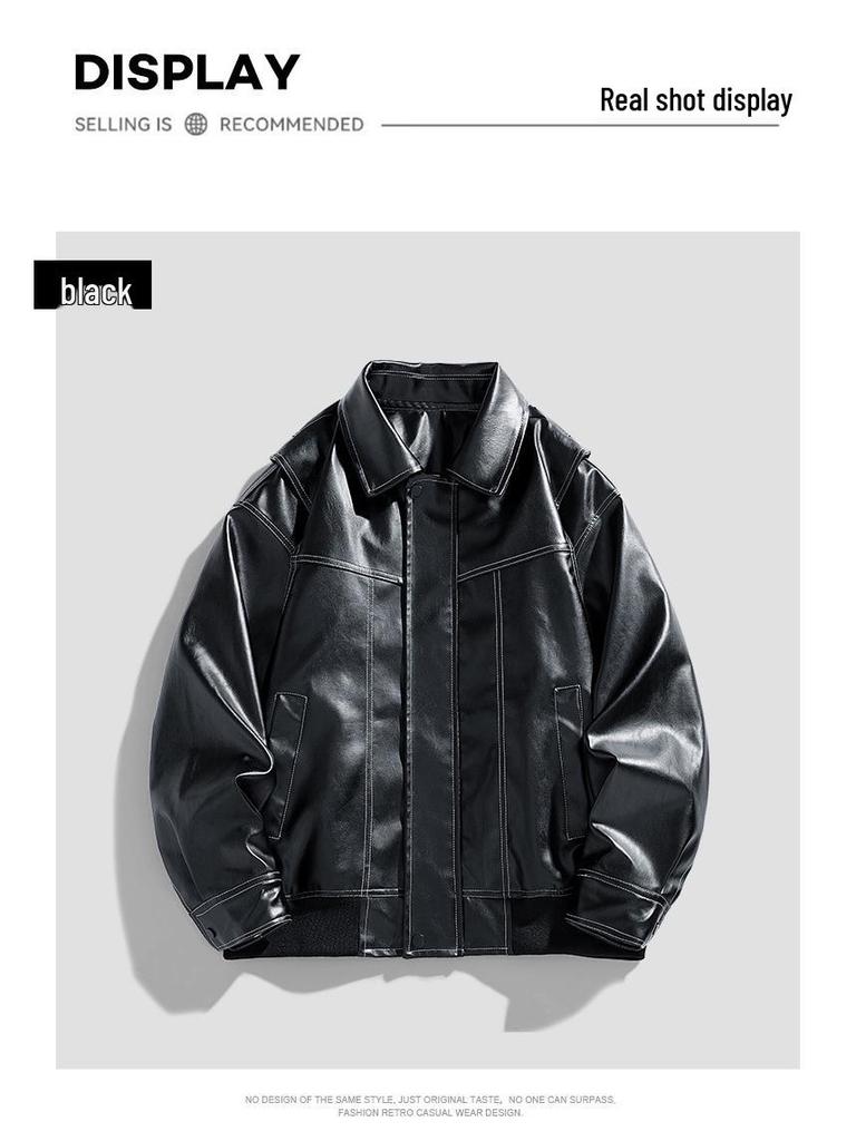 2024 Men's PU Leather Stand Collar Motorcycle Racing Jacket