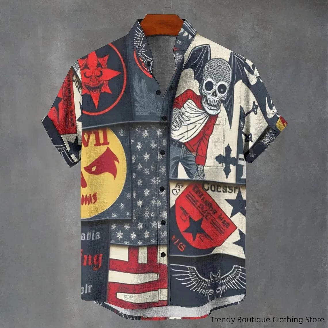 Summer Retro Skull Pattern Print Men s Shirts Hawaii Short Sleeve Top Fashion Streetwear Casual Outdoor Men s and Women s Clothing Blouse S