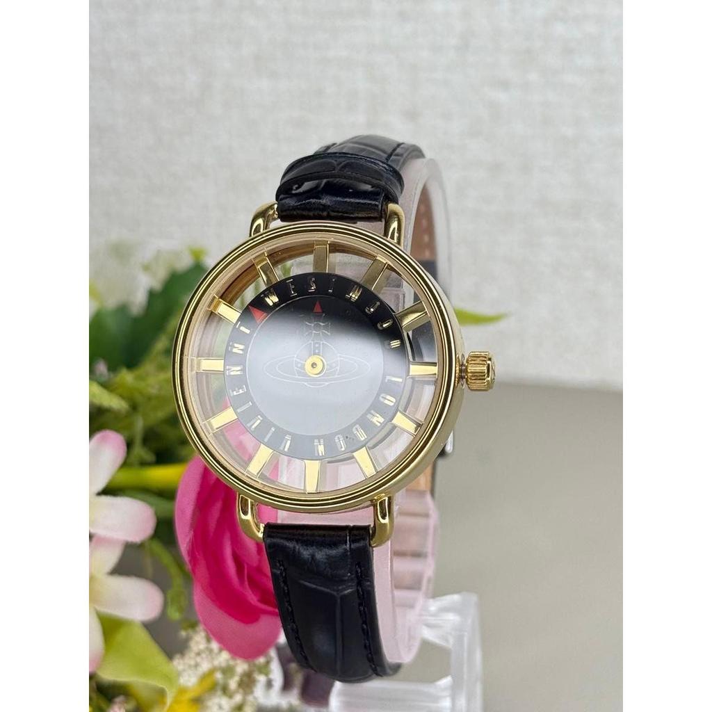 Used Rare Excellent Condition  Vivienne Westwood Watch Quartz Orb Dial Leather Band Black Gold
