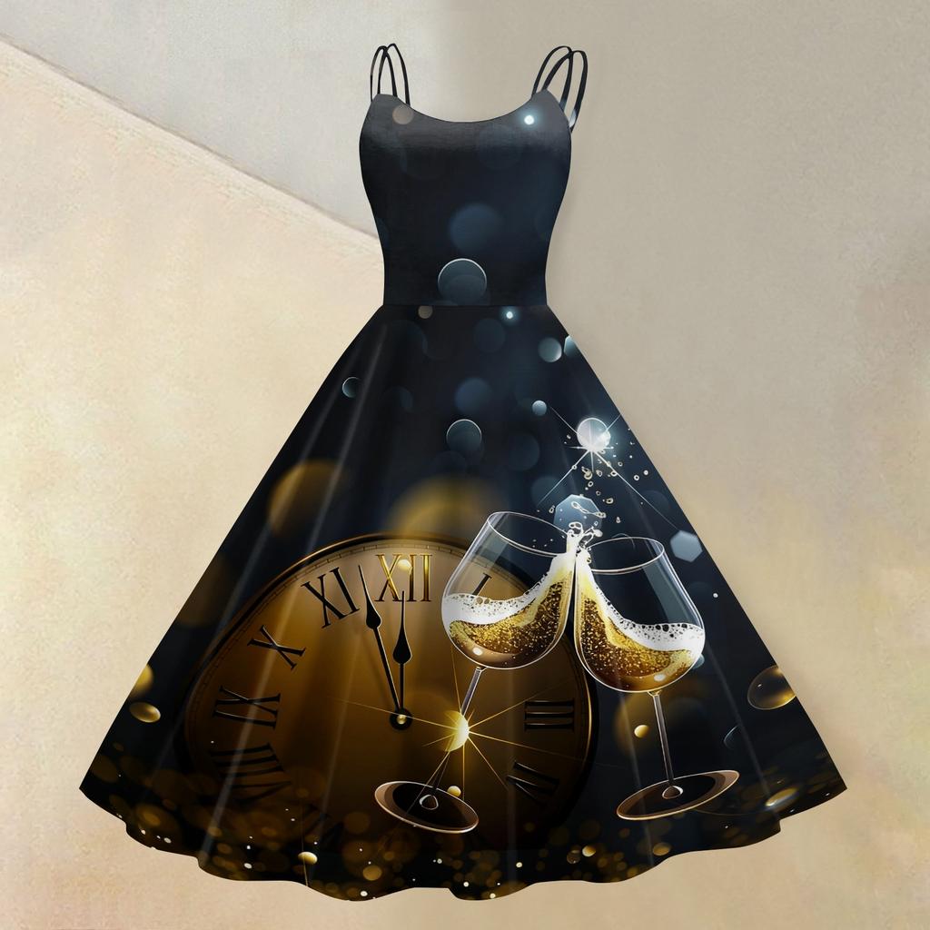 Dámské Novoroční Tištěné Ležérní Módní Midi Šaty s Kulatým Výstřihem