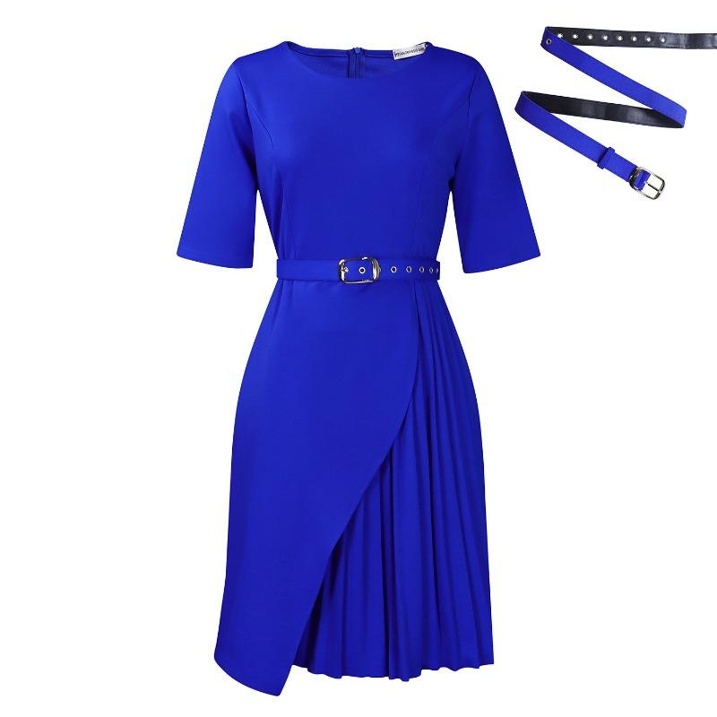 Women's solid color fashion temperament five-quarter sleeve high waist pleated high waist dress