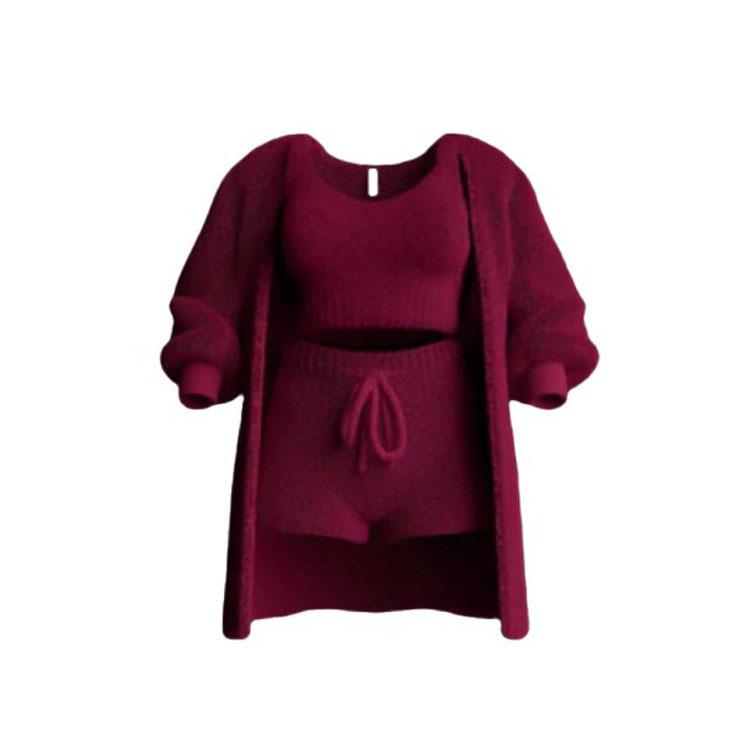 2026 Autumn/Winter Knit Plush Long-Sleeve Jacket, Vest, Shorts, and Three-Piece Set