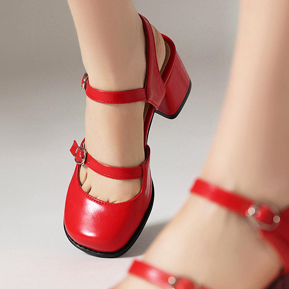 Zapatos Mary Jane Azules Blancos de Moda para Mujer Sandalias Vintage de Punta Redonda con Hebilla Banda Bombas Casuales para Mujer Tacones Altos Bajos Mocasines