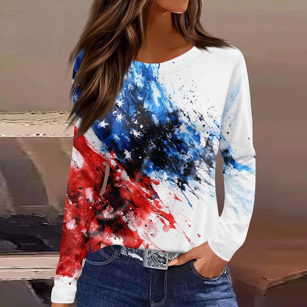 Women's Fashion Casual Slit Hem Round Neck Long Sleeve Loose Printed T-Shirt Ladies Top