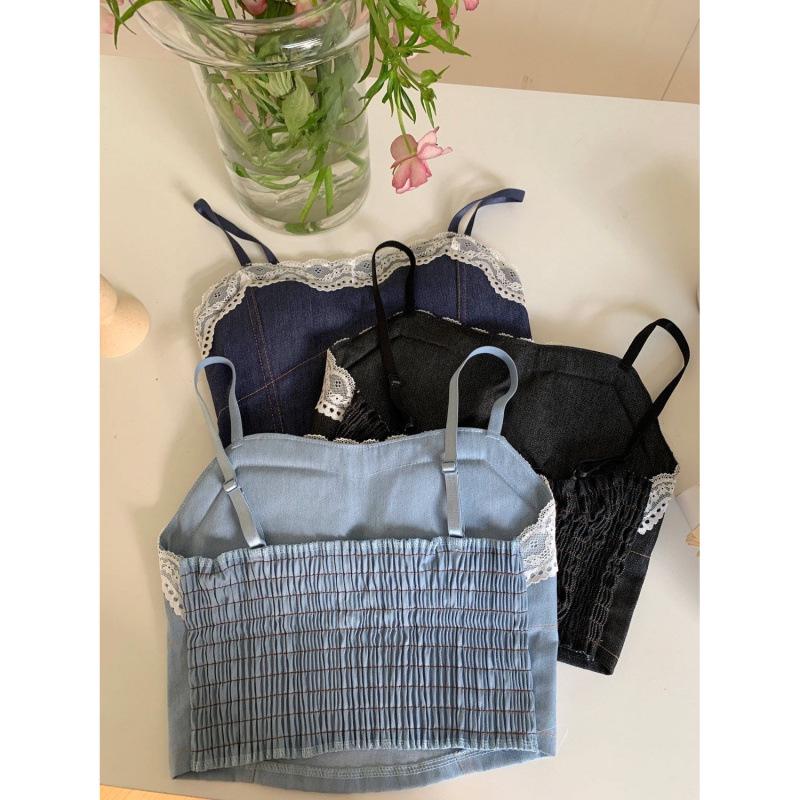 Hong Kong Retro Spliced Lace-Trim Denim Bustier Top for Women