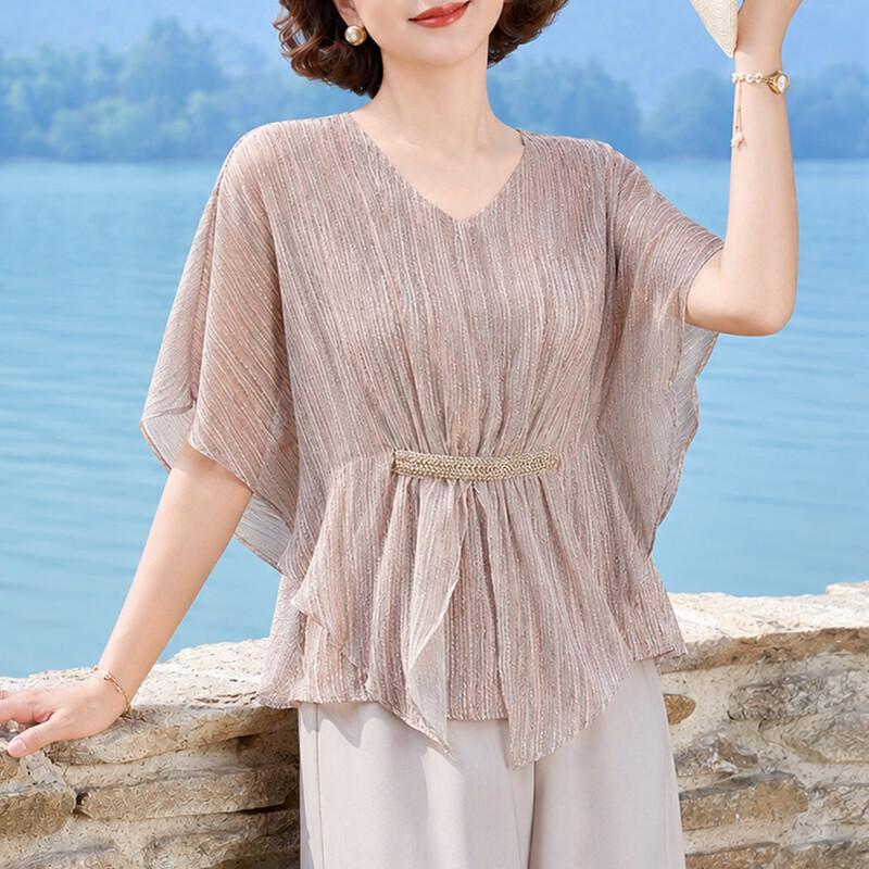 Yuzhaolin Women s Elegant V-Neck Pleated Summer Top 2XL