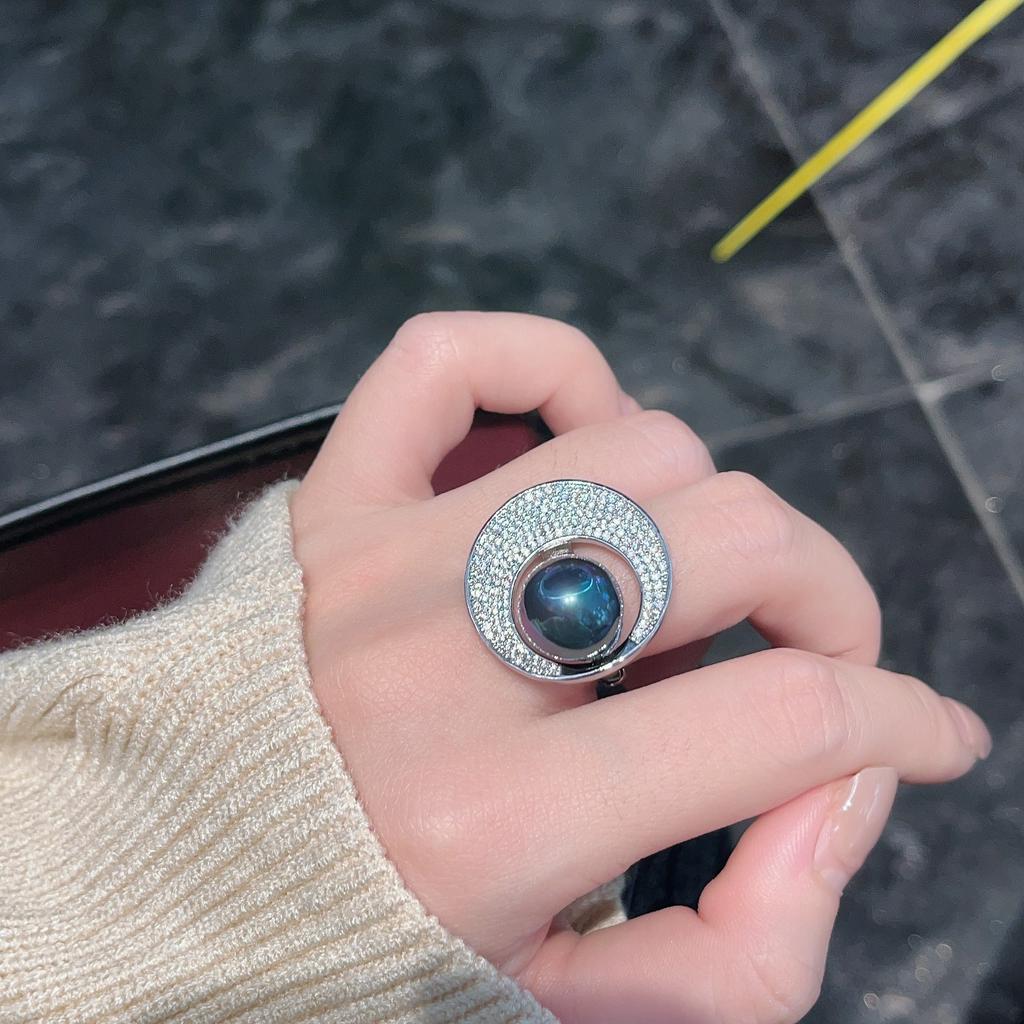 Imitation Tahitian Black Pearl Ring Opening Starry Aurora Light Luxury Temperament High-End Feeling Full Of Diamonds